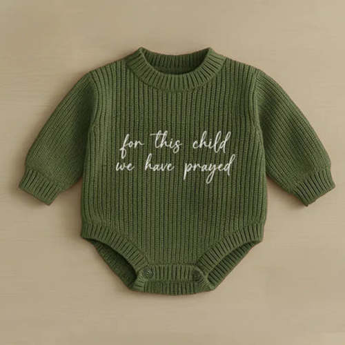 'For This Child We Have Prayed' Baby Romper- sage green/white thread. (0-3 months)
