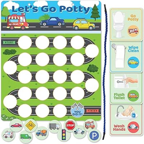Reusable Magnetic Cars & Trucks Potty Training Chart, Potty Training for Boys, Potty Training Sticker Chart, Potty Training Rewards for Boys, 12x10 Inches Magnetic Chart with 28 Chips