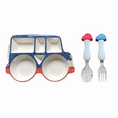 ARI MES - Divided Car Plate for Toddlers with Spoon and Fork - Fun, BPA-Free, Shatter- Resistant, Lightweight, Picky Eaters Kids Dinnerware Set, Children's Utensils