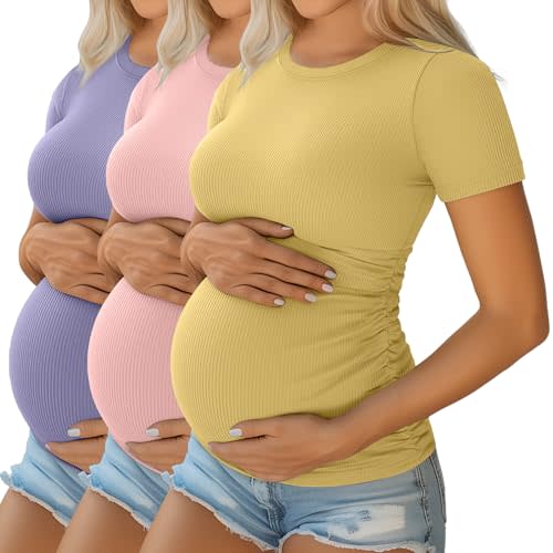 Ficerd 3 Pack Women's Maternity Shirts Cotton Short Sleeve Pregnancy Tops Side Ruched Ribbed Casual Mama tees Clothes