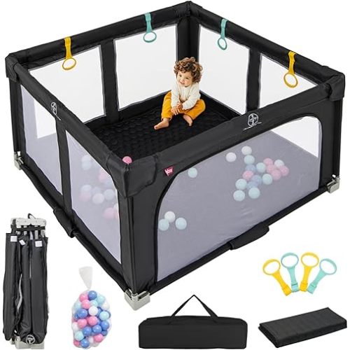 INFANS Foldable Baby Playpen with Mat, 50” x 50” Large Baby Play Yard for Infant with 50 Ocean Balls, 4 Handlers, Carry Bag, Indoor Outdoor Fence Toddler Activity Center (Black, 50” x 50”)