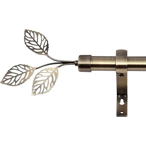 RYB HOME Brass Curtain Rod for Windows 72 to 144" Long, 1 inch Diameter, Metal Single Adjustable Telescoping Curtain Pole with Leaf Design Finish for Living Room Bedroom, Antique Brass