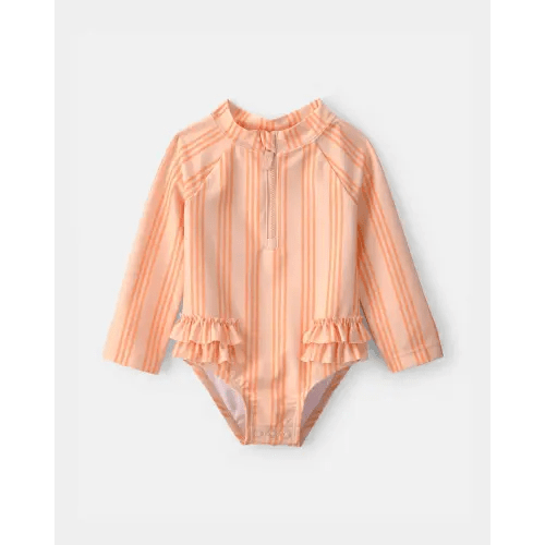 Baby Girl 1-Piece Striped Long-Sleeve Rashguard Swimsuit - Orange | Carter's