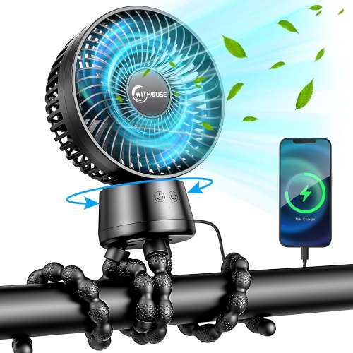 Stroller Fan with 90° Auto Oscillating, Extended Anti-Slip Detachable Tripod, Power Bank & LED Light, 3-Speed Quiet Cooling Clip On Fans for Baby Crib Car Seat Travel