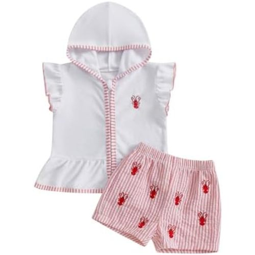 Toddler Girls Lobster Swimsuit Beach Cover Up Fly Sleeve Hooded Terry Top and Shorts Set 2Pcs Bathing Suits Swimwear