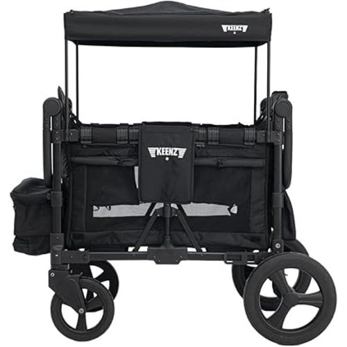 Keenz MOOV 4-Passenger All-Terrain Stroller Wagon with Reclining Seats, Built-in Cooler, Push/Pull Handle, Rubber Wheels, and Activity Tray – Foldable Wagon for Four Kids, Black