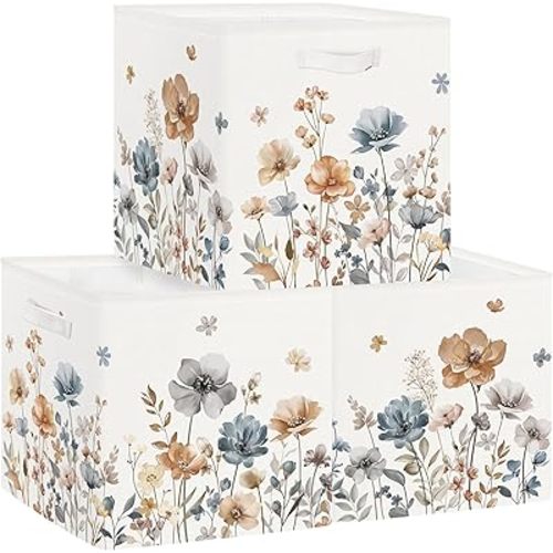 Clastyle Flowers Women Storage Cube Organizer Set Foldable Closet Clothes Cube Storage Bin Nursery Toddler Toy Box Chest Lady Girls Book Shelf Basket,Brown,11.8x11.8x11.8 in