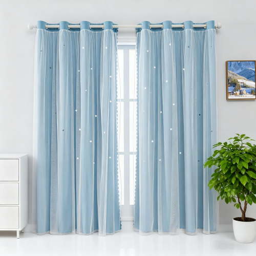 CshidWorld Blackout Curtains for Girls Kids Bedroom, Colorful Double Layer Star Cut Out Curtains for Girls Room Nursery Home Decor, 52''x 63'', 2 Panels