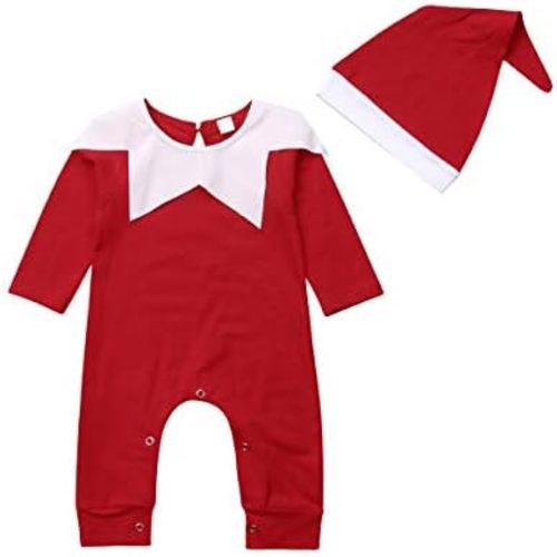 Newborn Baby Boy Girl Christmas Outfit Elf Costume with Hat Toddler Infant Long Sleeve Romper Onesie