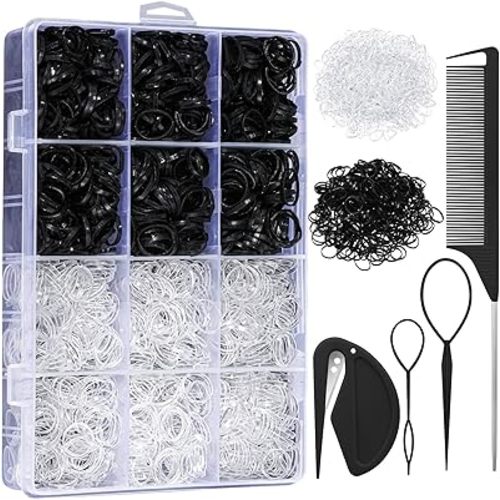 2200 Pcs Elastic Hair Bands with Hair Loop Styling Tool Set, Clear Mini Hair Bands and Black Elastic Hair Ties with Rubber Band Cutter Organizer Box Hair Accessories for Toddler Baby Girl Women
