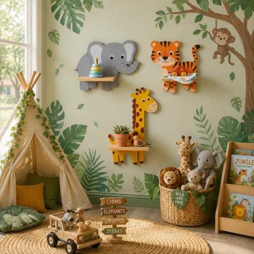 Safari Animal Wall Shelves Set | Hand-Painted Wood Nursery Decor (Elephant, Giraffe, Tiger)