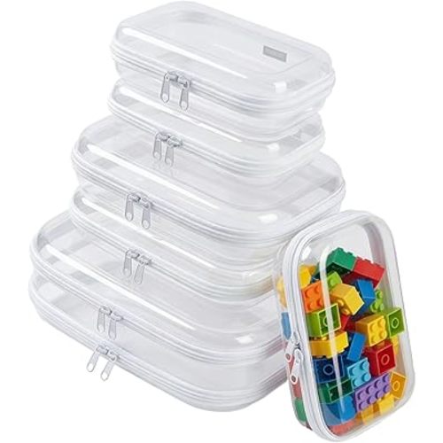 6 Pack Clear Hard Shell Zipper Case Set (2 Large/2 Medium/2 Small),Clear Hard Plastic Zipper Pouches, Transparent Stackable Storage Case for Crafts, Toys, Cosmetics Toiletry Bag for Travel