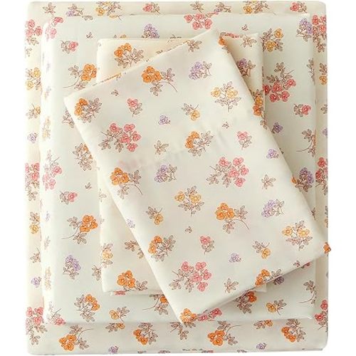 Viviland Floral Full Sheet Set - 4 Piece Vintage Lavender Flower and Leaves Patterned Bed Sheets - Soft, Breathable Microfiber Sheets with Deep Pocket, Non-Slip Fitted Sheets & Pillowcases