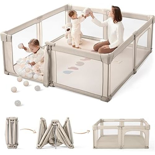 Sweeby Baby Playpen, 59x59 Inch Gate Foldable for Babies and Toddlers, Extra Large with Door Play Yard for Fence Indoor and Outdoor, Light Khaki
