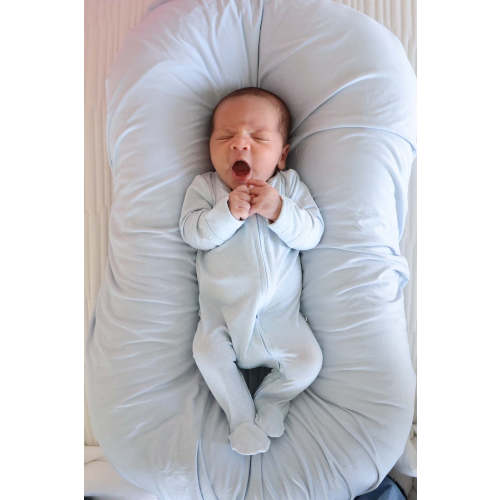 Picot Trim Bamboo Zipper Footie in Baby Blue | Caden Lane