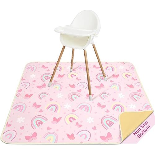 Basumee Splat Mat High Chair Mat Waterproof Baby Play Splat Mat for Under High Chair Food Catcher Highchair Mat for Floor Non Slip Bottom, Pink Rainbow