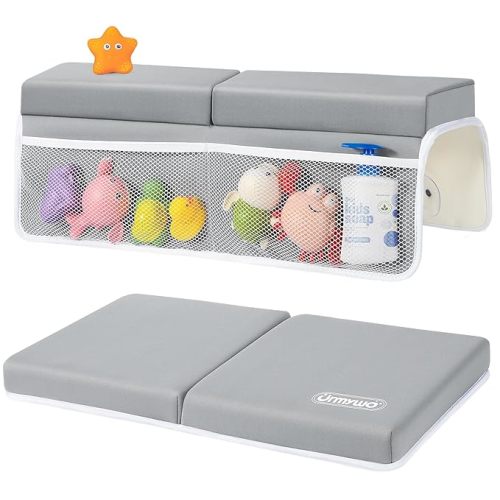 URMYWO Bath Kneeler and Elbow Rest Pad Set - 1.5" Thick Baby Bath Kneeler Pads with Toys Organizer, Anti-Slip Cozy Knee & Arm Support Bathtub Mat, Quick Dry Kneeling Pad for Baby Bath Time