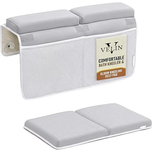 Bath Kneeler and Elbow Rest Pad Set for Baby Bathing – Thick Comfortable Foam Kneeling Pads with Non-Slip Base, Toy Organizer Pockets, Quick-Dry Foldable Bathtub Cushion for Parents & Toddlers (Grey)