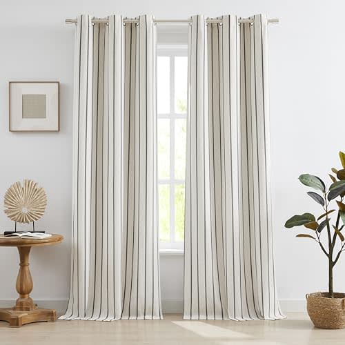 Black Striped Full Blackout Bedroom Curtains 84 Inches Length,Woven Stripes on Beige Linen Blended Drapes with Liner,Energy Efficient Modern Window Treatment,Grommet,Black/Beige,40"Wx84"Lx2