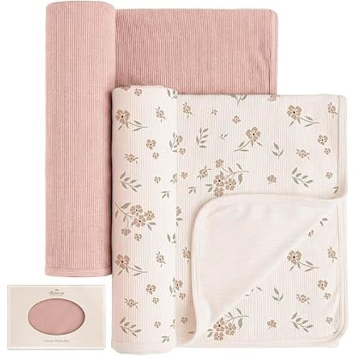 Konssy Knit Baby Blanket 2 Pack, Soft Ribbed Swaddle Receiving Blankets for Boys & Girls, Lightweight Cozy Swaddling Wrap for Newborns, Infants, & Toddlers, 33x42 Inch (Blossom,Pink)