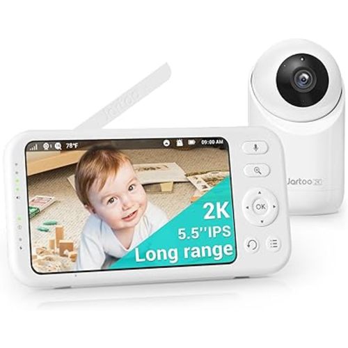 Jartoo 2K Video Baby Monitor with Camera and Audio, Long Range Baby Monitor No WiFi 5.5" FHD Screen ANC Baby Camera Wireless, Feeding Clock, Night Vision, 2-Way Talk, AI Cry Detect, 6000mAh