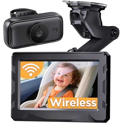 Wireless Baby Car Camera - 40 Hours Rechargeable Battery with Auto Sleep & Night Vision, 4.3'' 1080P HD Video Car Baby Monitor - 360° Rotating Rear Facing Back Seat Cam, Newborn Essential New Mom gift