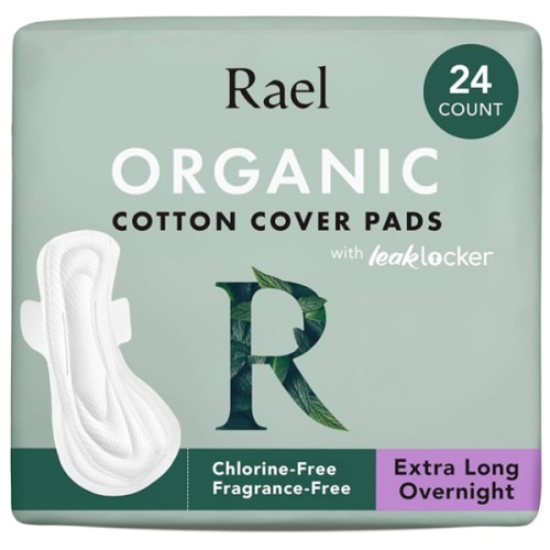 Rael Pads for Women, Organic Cotton Cover - Period Pads with Wings, Feminine Care, Sanitary Napkins, Ultimate Absorbency, Postpartum, Unscented, Ultra Thin (Extra Long Overnight, 24 Count)