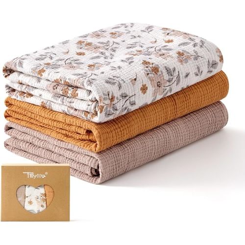 TILLYOU 3 Pack Muslin Swaddles for Newborns Baby Blankets for Girls Boys Cotton Swaddle Blankets 40"X40", Yellow Flower