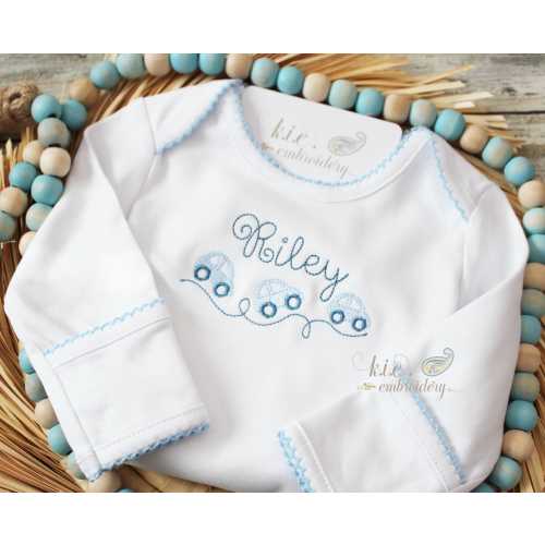 Monogrammed  Baby Footie: Personalized, Embroidered Cars, Blue Picot Trim, Coming Home Outfit, Gift