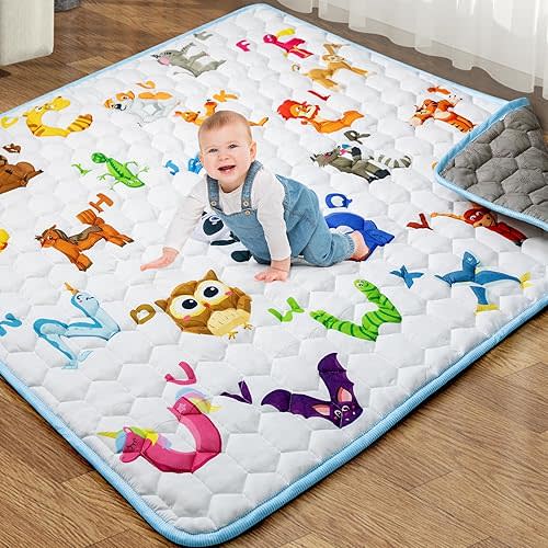 Baby Play Mat for Floor, 50x50 Thicker Baby Play Mat for Playpen, One-Piece Crawling, Soft Odorless Floor Activity Mat for Babies, Toddlers, Infants, Foldable and Machine Washable (Animal Alphabet)