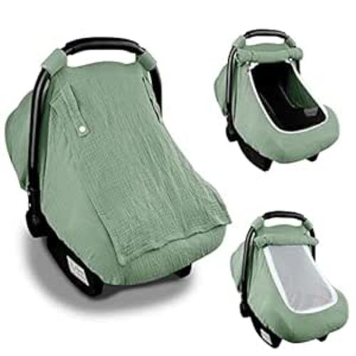 Hooyax Muslin Car Seat Covers for Babies, Summer Baby Car Seat Cover for Boys Girls with Breathable Window, Lightweight Infant Car Seat Canopy, Green