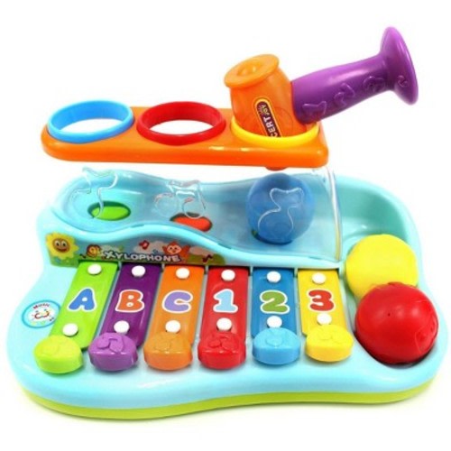 Link Rainbow Xylophone Piano Pounding Bench, Kids Musical Toy Instrument with Color Sorting Balls And A Hammer, Helps Develop Kids' Fine Motor Skills
