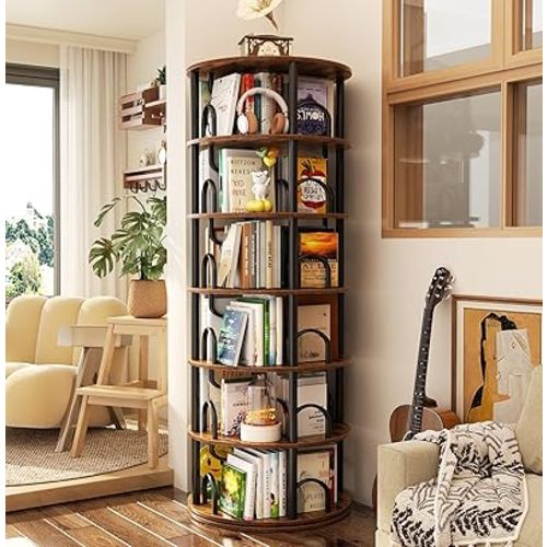 Aheaplus 6 Tier Rotating Bookshelf Tower, Revolving Bookcase, 360° Round Spinning Book Shelf, Narrow Swivel Bookshelves Vertical Turning Corner Bookshelf Organizer for Small Space, Rustic Brown