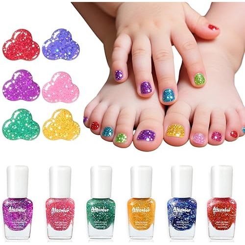 Non-Toxic Kids Nail Polish Set, Glitter Quick Dry Fingernail Polish for Toddler, Water-Based Peelable Nail Polish for Kids, 6 Color Rainbow for Halloween and DIY Gift Kid Ages 3+