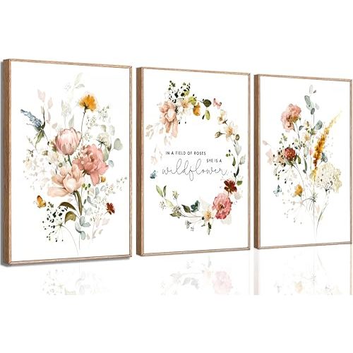 3Pcs Pink Flowers Canvas Wall Art In A Field Of Roses She Is A Wildflower Painting Picture Decor Watercolor Wreath Poster Print Artwork for Nursery living room Girls Room Home Decoration Unframed