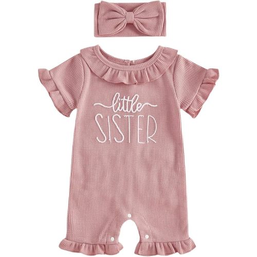 Newborn Baby Girl Summer Outfit Romper Daddy Girl Heart Embroidery Ruffle Jumpsuit Infant Waffle Knit Clothes