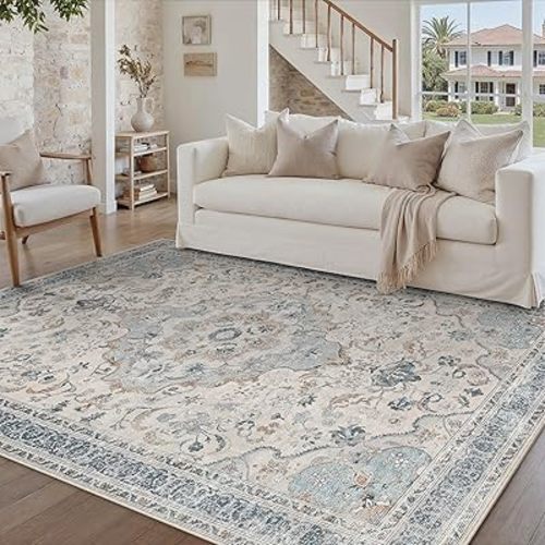 Blue Area Rug 5x7 Living Room Vintage Floral Non-Slip Carpet