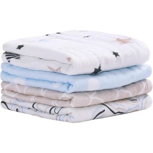 Viviland Baby Muslin Burp Cloths, Super Absorbent Washcloths for Baby Girl and Boy, 10 x 20 inches 6-Layer Baby Bath Towels, Blue Rainbow & Stars 4 Pack