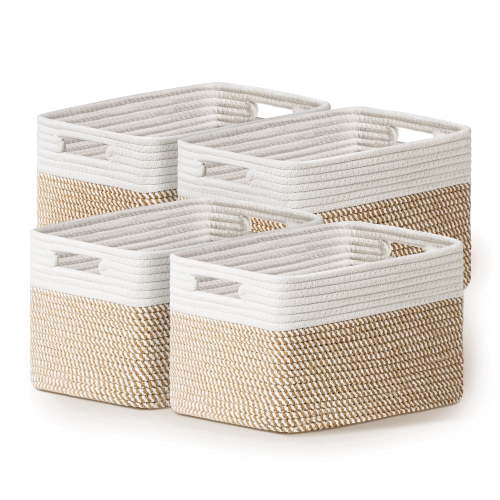 Domaci 4 Pack Woven Storage Baskets, 13"x10"x8" Cotton Rope Baskets for Toys, Towels and Books, Khaki & White