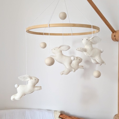Minimalist white rabbit mobile, Scandi boho nursery decor, Neutral baby shower gift idea