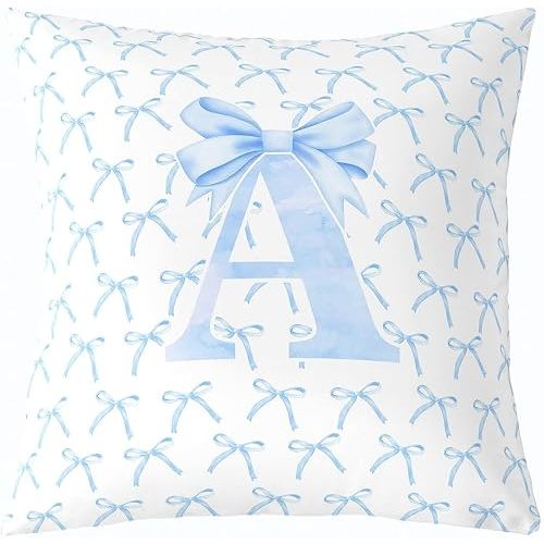 Cartoon Bowknot Kids Throw Pillow Cover,Blue Bow Tie Letter A Knot Princess Double Sides Pillow Case Girls Women,Watercolor Bow Patchwork Blue White Bed Couch Sofa Cushion Cover,Single Pack 16"x16"