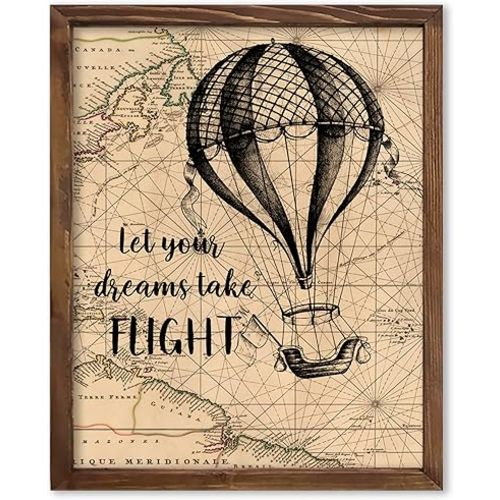 Inspirational Vintage Watercolor Hot Air Balloon with Let Your Dreams Take Flight Quote Art Print for Kid's Room Decor, Kid's Adventure Bedroom Nursery Travel Office Escape Boost Library Inspiration Cabin Retreat Wall Art, Young Explorer Traveler Parent J