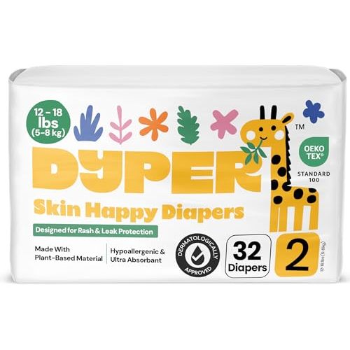 DYPER - Baby Diapers Size 2 (32 Count) - Plant Based Disposable Diapers for Day and Overnight Premium Leak Protection, Skin-Friendly Comfort with Soft Size 2 Diapers (12-18 lbs)
