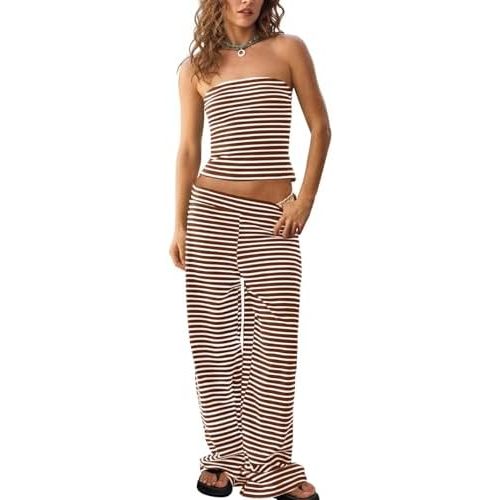 Tankaneo Womens Striped 2 Piece Sets Summer Strapless Crop Tube Tops Wide Leg Pants Matching Lounge Set Vacation Outfits