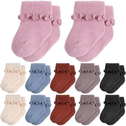 Toulite 12 Pairs Preemie Newborn Baby Ankle Socks Ruffle Turn Cuff Cotton Non-slip Warm Socks for Girls and Boys Infant