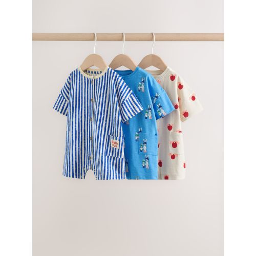 Blue/Ecru Printed Jersey Baby Rompers 3 Pack