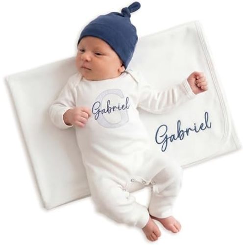 Linkababy Personalized Baby Boy Coming Home Outfit, 100% Cotton Embroidered Romper, Hat, Blanket, Baby Showers, Newborn 0-3M