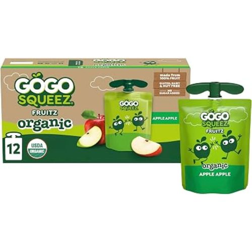 GoGo squeeZ No Sugar Added Organic Applesauce, Apple Apple, 12 Count