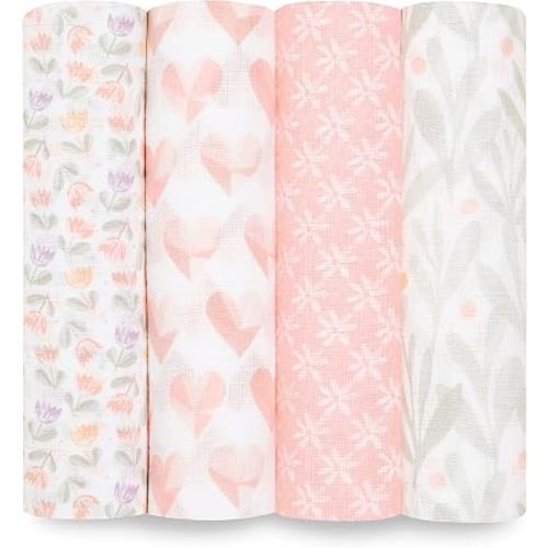 aden + anais Essentials Swaddle Blanket, Boutique Muslin Blankets for Girls & Boys, Baby Receiving Swaddles, Ideal Newborn & Infant Swaddling Set, Perfect Shower Gifts, 4 Pack, Piece of My Heart