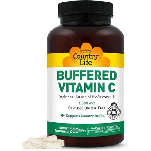 Country Life Buffered Vitamin C 1000mg with Bioflavonoids, Calcium, Magnesium, Potassium - Immune Support, Vegan Capsules, Gluten-Free, Gentle on Stomach - 250 Tablets